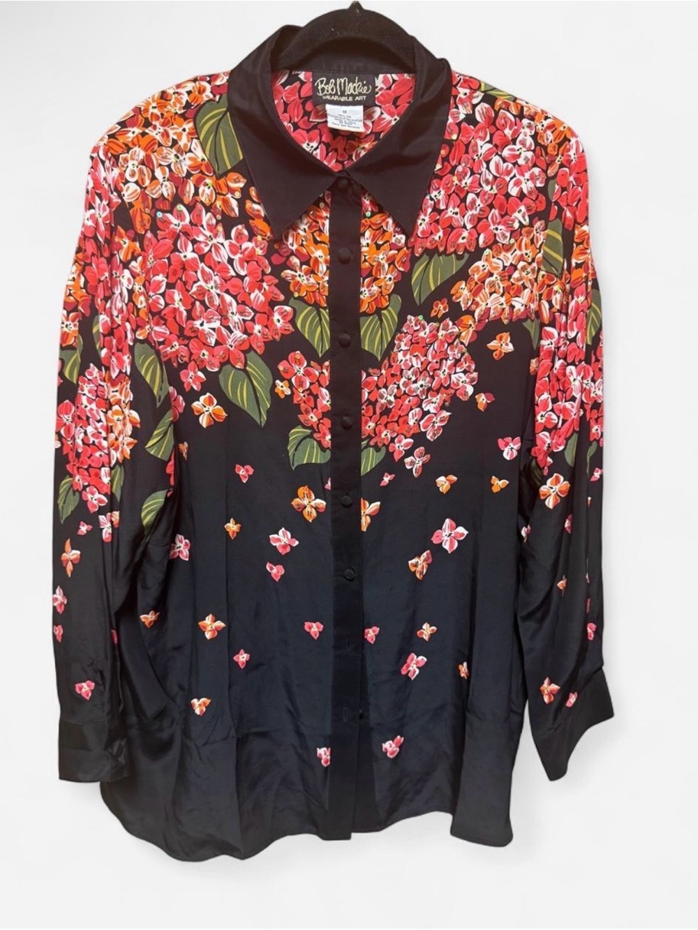 Bob Mackie Wearable Art Silk Floral and Sequin Button Up Blouse
